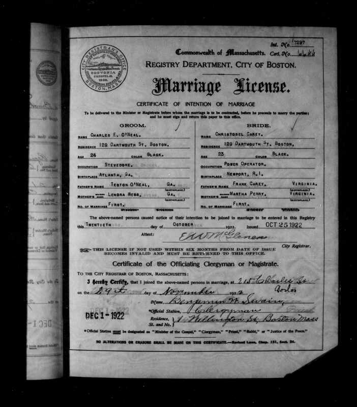 Photography of the marriage license of Charles E. O'Neal and Christobel Carey