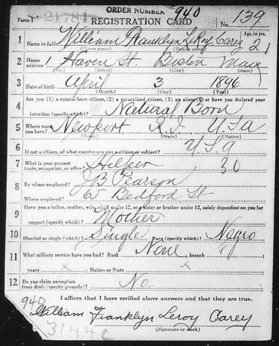 Photography of the draft card of William Franklyn LeRoy Carey