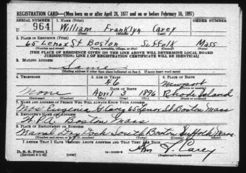 Photography of the draft card of William Franklyn LeRoy Carey