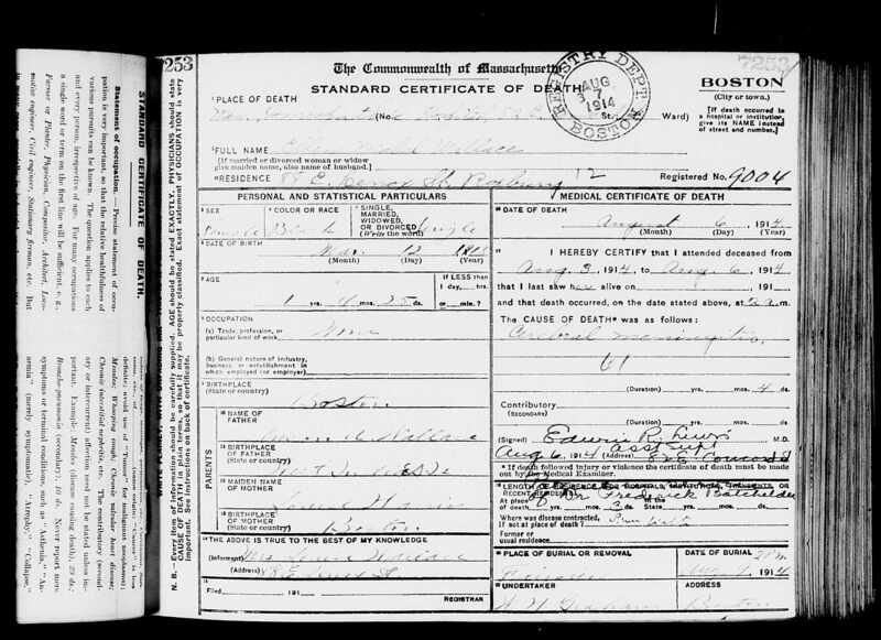 Photograph of the death certificate for Ellen M. Wallace