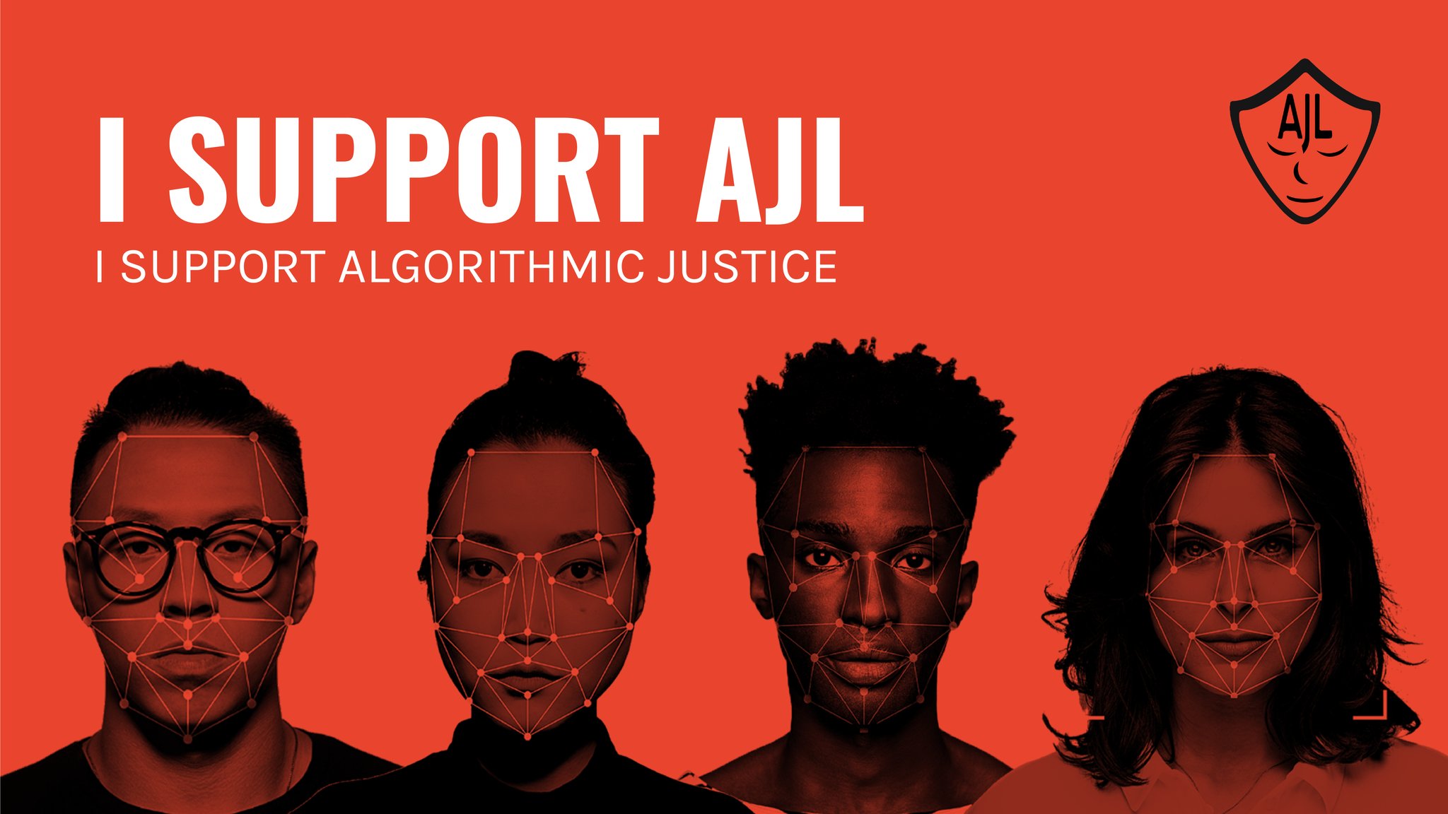 Graphic by the Algorithmic Justice League. Four people of various backgrounds are depicted against a red background. Their faces are superimposed with a stylized trace of the geometric lines a computer 3D model would draw of their faces.