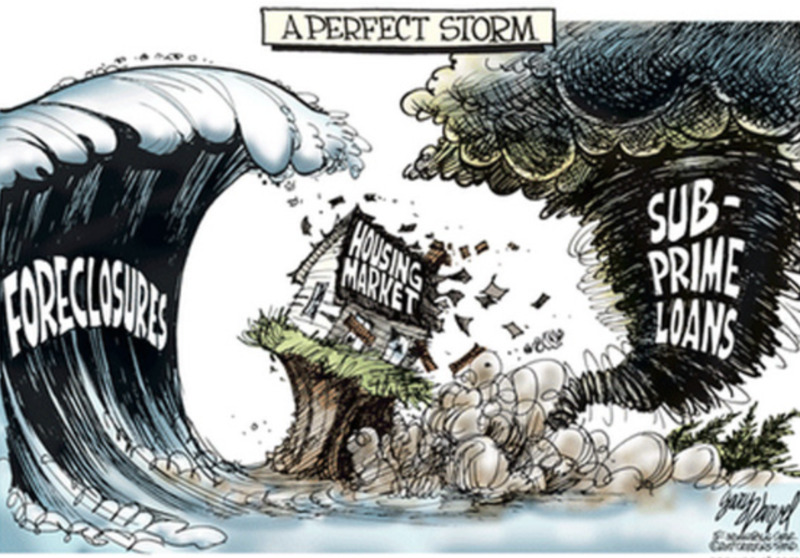 Political cartoon 'A Perfect Storm' depicting a house labeled 'housing market' on a perilous clif between a tidal wave labeled 'foreclosures' and a tornado labeled 'sub-prime loans'