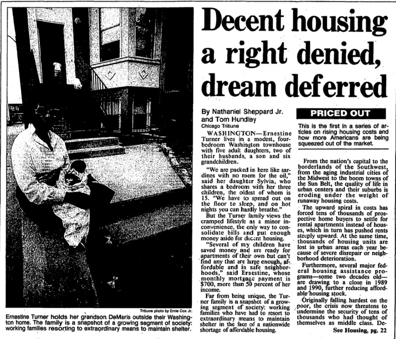 A newspaper article with the headline 'Decent housing a right denied, dream deferred'