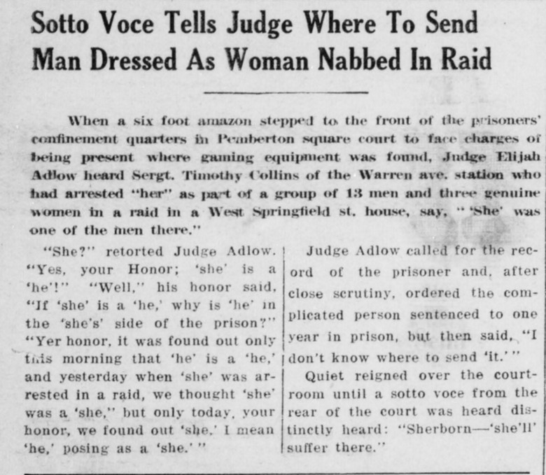 Newspaper article with the headline reading 'Sotto voce tells judge where to send man dressed as a woman nabbed in raid'