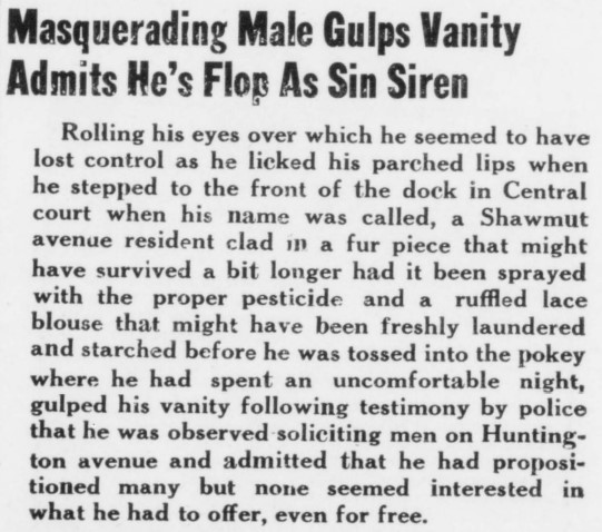 Newspaper article with the headline reading 'Masquerading male gulps vanity admits he's flop as a sin siren'