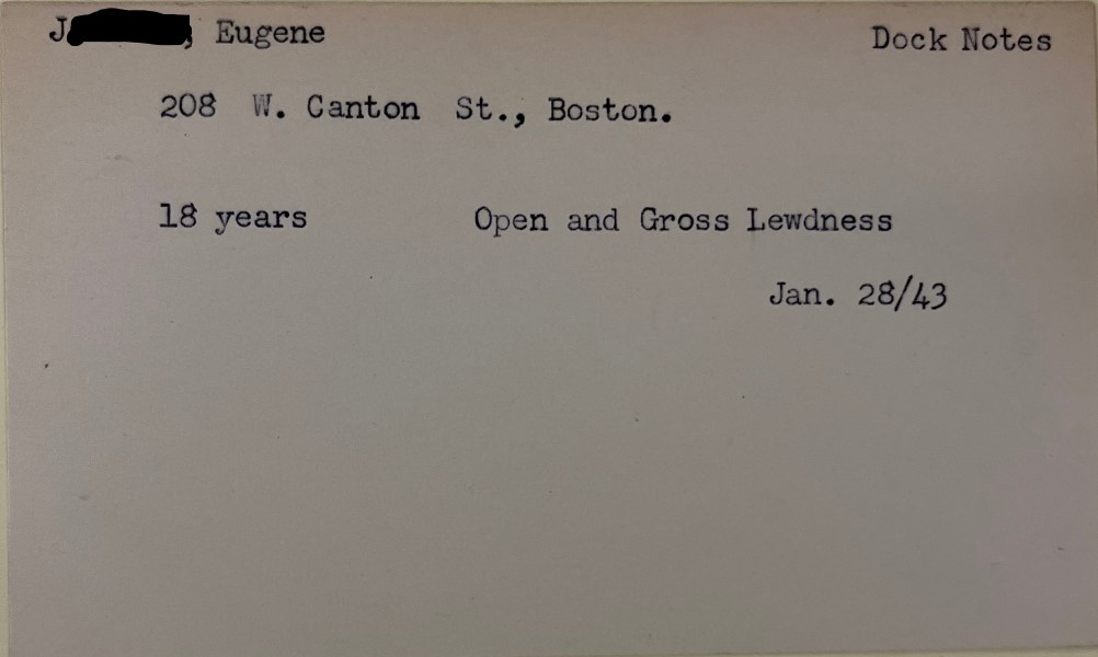 Court index card from a case of an arrested trans woman, reading '18 years Open and Gross Lewdness'