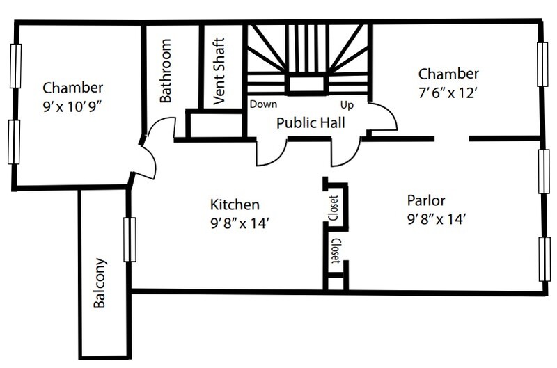 Blueprint layout of the second floor of 67 Phillips Street